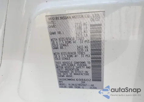 2017 Nissan Pathfinder S/Sv/Sl/Platinum из США, поврежденный, VIN 5N1DR2MM0HC698602